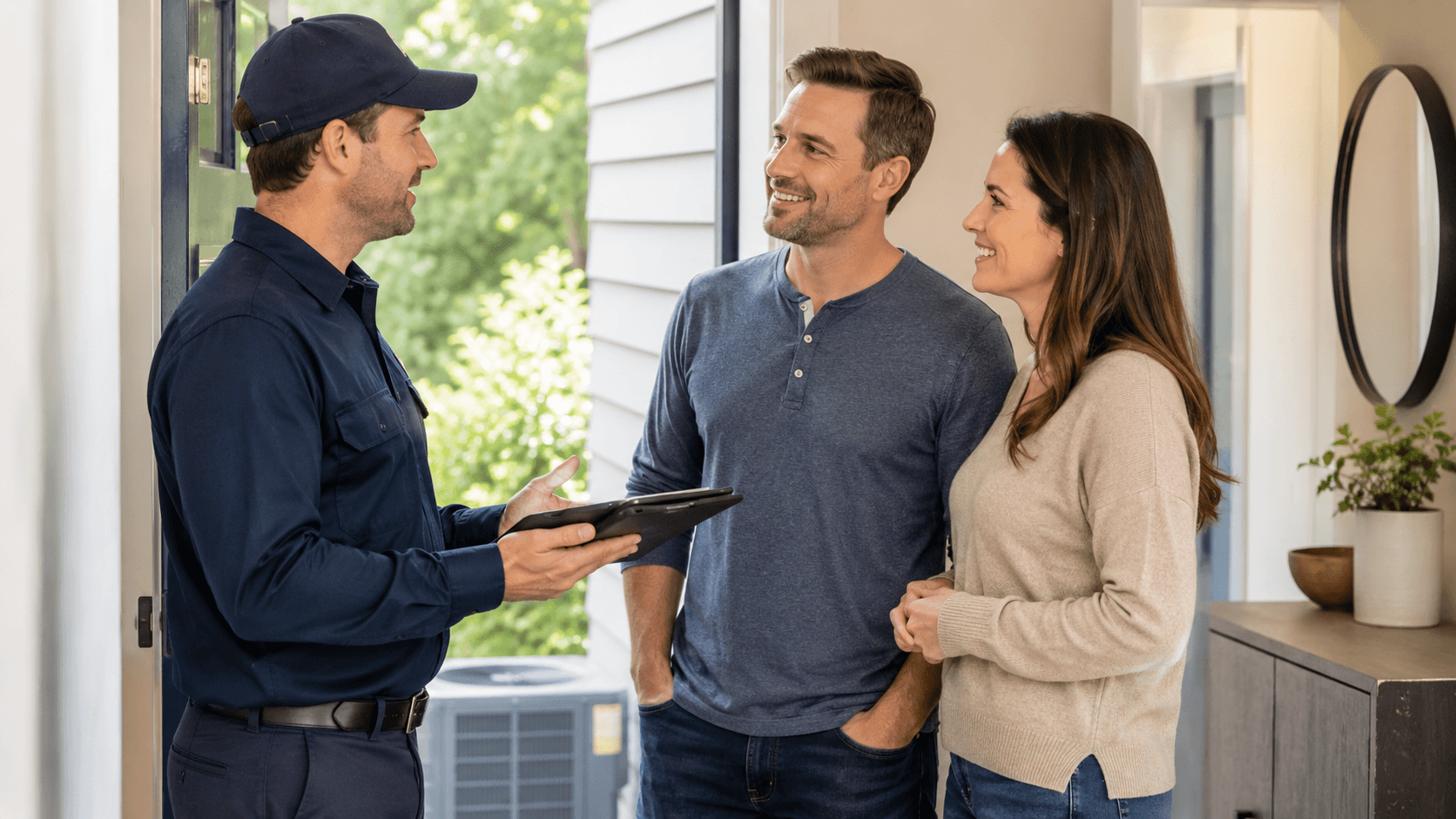 Homeowners speaking with HVAC technician at front door