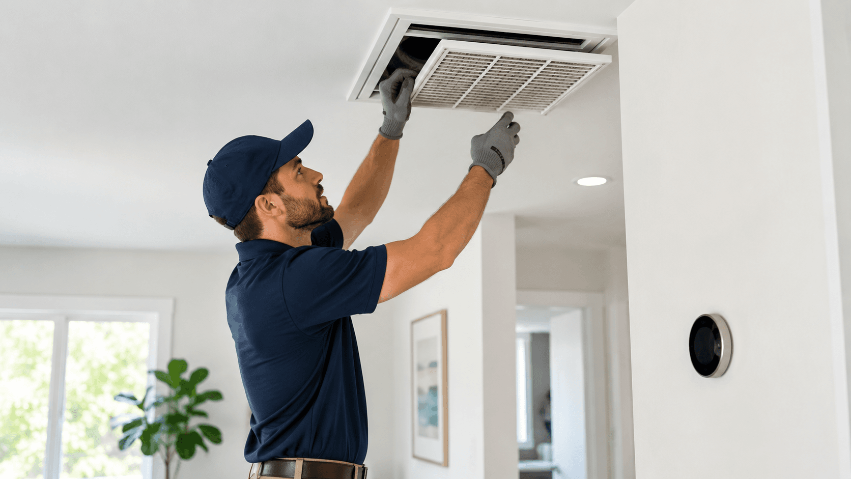 HVAC technician servicing indoor ceiling vent