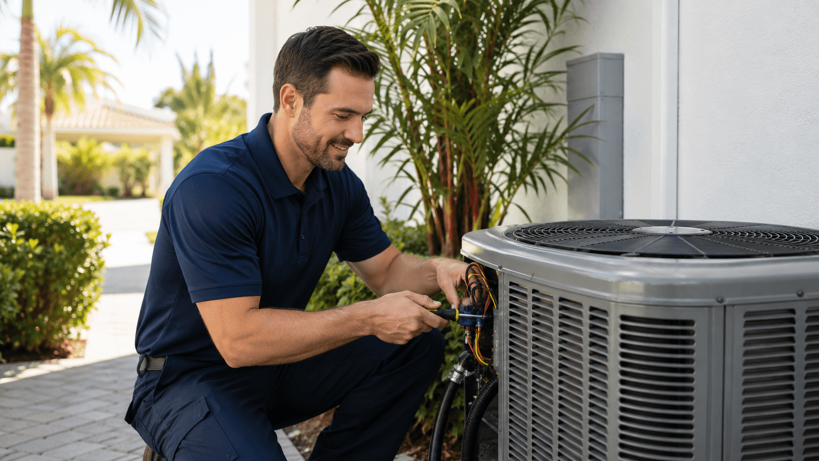 HVAC technician servicing outdoor AC unit